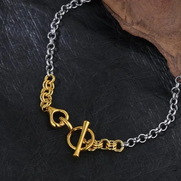 NEW Two Tone 18K Gold Plated Circle Bar Toggle Link Chain Necklace - Picture 2 of 5